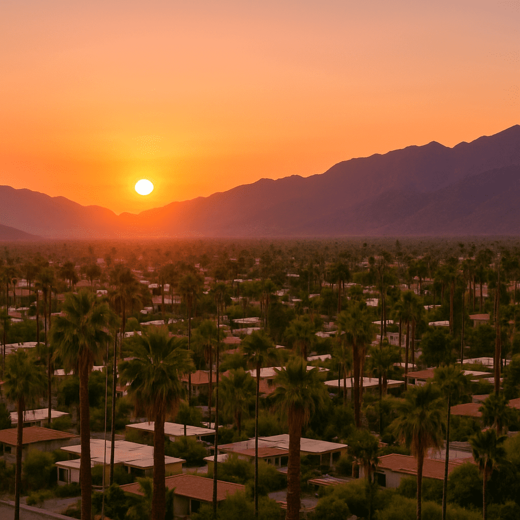 Panoramic view of Palm Springs at sunset